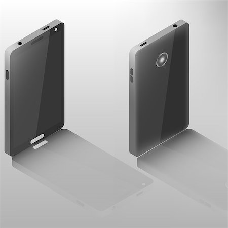 Mobile phone with mirror reflection isolated on white background. Digital device design element. Front and back side. 3D isometric style, vector illustration. Stock Photo - Budget Royalty-Free & Subscription, Code: 400-08978209