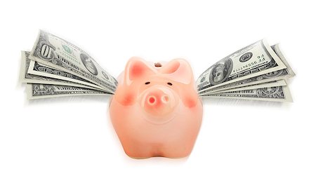 Pink piggy bank with wings of paper dollars. The piggy bank is flying. Isolated on white background Stockbilder - Microstock & Abonnement, Bildnummer: 400-08978288