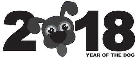 simsearch:400-08978362,k - 2018 Chinese Lunar New Year of the Dog Numeral with Cute Puppy Dog Face Grayscale Illustration Foto de stock - Super Valor sin royalties y Suscripción, Código: 400-08978363