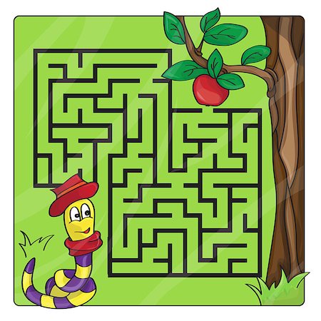 simsearch:400-08973723,k - Labyrinth, maze for kids. Entry and exit. Children puzzle game. Help the worm to crawl to apple. Vector illustration Foto de stock - Royalty-Free Super Valor e Assinatura, Número: 400-08978395