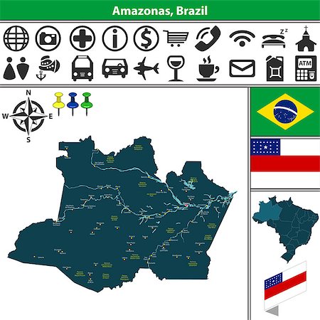 simsearch:400-08978515,k - Vector map of region of Amazonas with cities, flags and location on Brazilian map Stock Photo - Budget Royalty-Free & Subscription, Code: 400-08978505