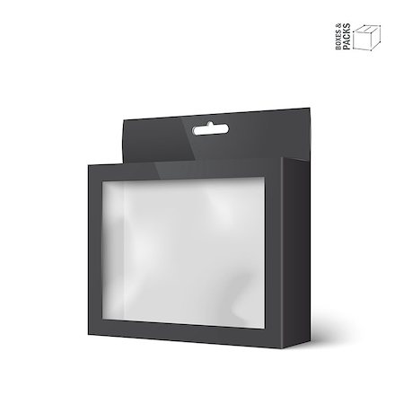 Black vector product package box with window. Isolated on white background. With marked place to insert your design Stock Photo - Budget Royalty-Free & Subscription, Code: 400-08978535