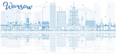 simsearch:400-08976980,k - Outline Warsaw skyline with blue buildings and reflections. Vector illustration. Business travel and tourism concept with place for text. Image for presentation, banner, placard and web site. Stock Photo - Budget Royalty-Free & Subscription, Code: 400-08978581