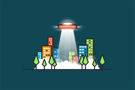 simsearch:400-06091348,k - UFO with gravitational abducting rays flying in the city. City park with trees and buildings with glowing windows at night. Fog and smoke on the ground. Space aliens visiting Earth. Photographie de stock - Aubaine LD & Abonnement, Code: 400-08978611