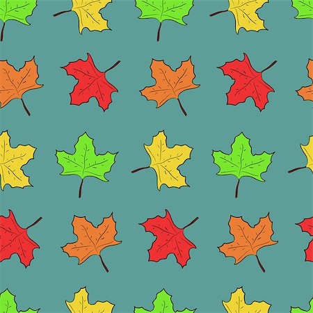 Pattern with cute colorful hand drawn maple leaves on blue background Stock Photo - Budget Royalty-Free & Subscription, Code: 400-08978677