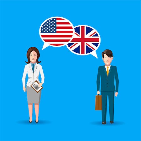 Two people with white speech bubbles with American and Great britain flags. English language conceptual illustration Photographie de stock - Aubaine LD & Abonnement, Code: 400-08979040