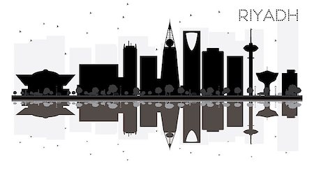 Riyadh City skyline black and white silhouette with reflections. Vector illustration. Simple flat concept for tourism presentation, banner, placard or web site. Cityscape with landmarks Photographie de stock - Aubaine LD & Abonnement, Code: 400-08979068