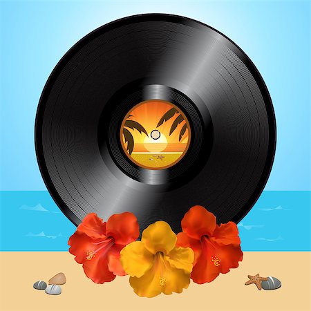 3D Illustration of a Black Vinyl Record Disc and Hibiscus Flowers Over Summer Beach Background Photographie de stock - Aubaine LD & Abonnement, Code: 400-08979207