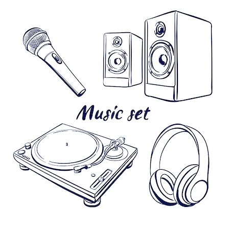 hand drawn illustrations of Dj icons headphones microphone speakers vinyl player Hand drawn doodle vector illustration Foto de stock - Super Valor sin royalties y Suscripción, Código: 400-08979235