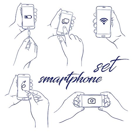 doodle set of hand holding smart-phone or phone - hand-drawn. Vector sketch illustration isolated over white background. Smartphone white screen Foto de stock - Super Valor sin royalties y Suscripción, Código: 400-08979236