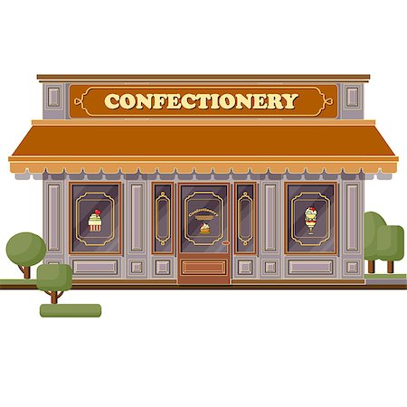 simsearch:400-06327445,k - Confectionery shop facade. Flat design vector illustration of small business concept. Stylish sweets boutique. Store design template. Can be used street cafe menu, bar, restaurant, poster, banner, flyer, website. Stock Photo - Budget Royalty-Free & Subscription, Code: 400-08979405