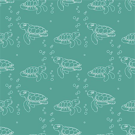 simsearch:400-08979403,k - Vector seamless pattern. Silhouette cute cartoon sea Turtle. Line style Turtles on blue aquamarine background. Foto de stock - Royalty-Free Super Valor e Assinatura, Número: 400-08979402