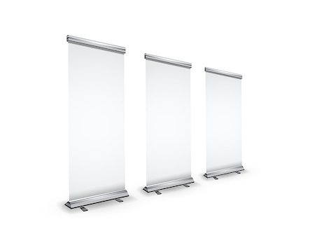 Three blank realistic roll-up banners with shadow in perspective view isolated on white Stockbilder - Microstock & Abonnement, Bildnummer: 400-08979511