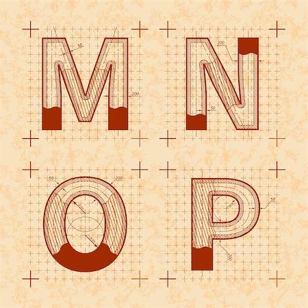 Medieval inventor sketches of M N O P letters. Retro style font on old yellow textured paper Stockbilder - Microstock & Abonnement, Bildnummer: 400-08979525