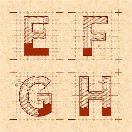 Medieval inventor sketches of E F G H letters. Retro style font on old yellow textured paper Stockbilder - Microstock & Abonnement, Bildnummer: 400-08979523