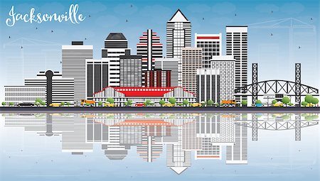 Jacksonville Skyline with Gray Buildings, Blue Sky and Reflections. Vector Illustration. Business Travel and Tourism Concept with Modern Architecture. Image for Presentation Banner Placard and Web Site. Foto de stock - Super Valor sin royalties y Suscripción, Código: 400-08979623