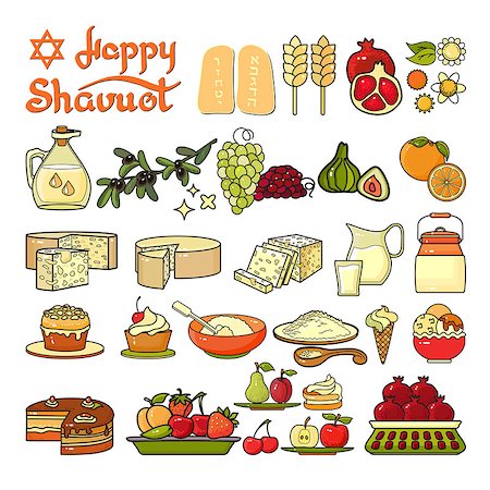 simsearch:400-09089749,k - Happy Shavuot icon. Set of cute various Shavuot icons isolated on white background. Cartoon colorful icons fig, grapes, milk, cheese, cake, olive,  pomegranate, wheat. Handwritten words Happy shavuot. Foto de stock - Super Valor sin royalties y Suscripción, Código: 400-08979883