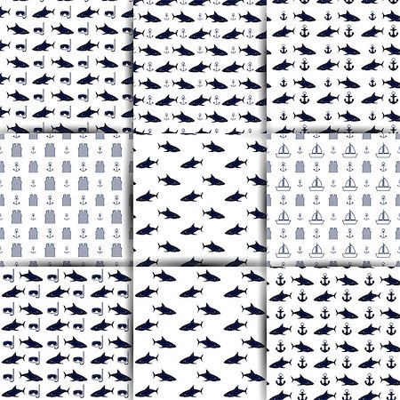 Set of nautical backgrounds, seamless texture with elements of marine inventory, anchor, shark and sailors striped vest, vector illustration. Stockbilder - Microstock & Abonnement, Bildnummer: 400-08979919