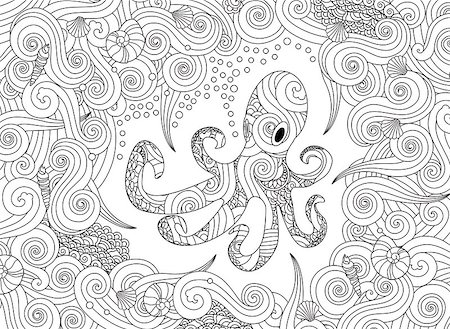 Coloring page with ornate octopus isolated on white background. Vertical composition. Coloring book for adult and older children. Editable vector illustration. Stock Photo - Budget Royalty-Free & Subscription, Code: 400-08973866