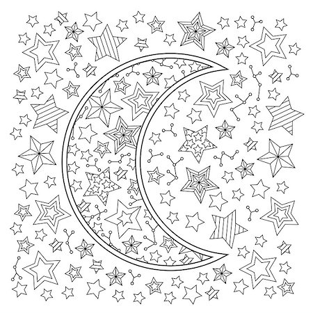Contour image of moon crescent and stars in zentangle inspired doodle style. Square composition. Coloring book page for adult and older children. Editable vector illustration. Stock Photo - Budget Royalty-Free & Subscription, Code: 400-08973860