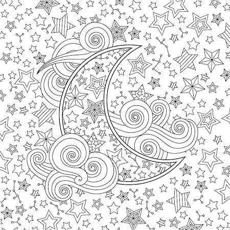 Contour image of moon crescent clouds, stars in zentangle inspired doodle style. Square composition. Coloring book page for adult and older children. Editable vector illustration. Stock Photo - Budget Royalty-Free & Subscription, Code: 400-08973861