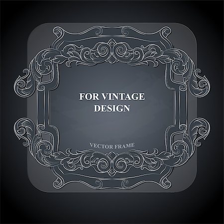 Vector frame with floral ornament on dark background for vintage design. Chalkboard hand drawn art. Decorative retro banner. Baroque. Stock Photo - Budget Royalty-Free & Subscription, Code: 400-08973950