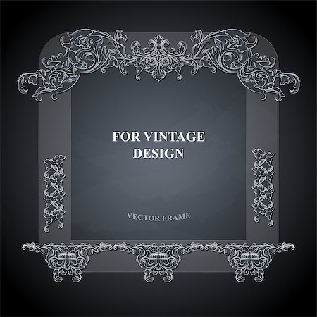 Vector frame with floral ornament on dark background for vintage design. Chalkboard hand drawn art. Decorative retro banner. Baroque. Stock Photo - Budget Royalty-Free & Subscription, Code: 400-08973951