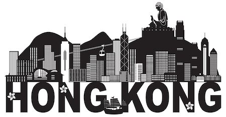Hong Kong City Skyline and Big Buddha Statue Panorama Black Abstract Text Isolated on White Background Illustration Stock Photo - Budget Royalty-Free & Subscription, Code: 400-08980315