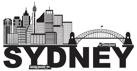 simsearch:400-06093657,k - Sydney Australia Skyline Landmarks Harbour Bridge Black Abstract Isolated on White Background Illustration Stock Photo - Budget Royalty-Free & Subscription, Code: 400-08980317