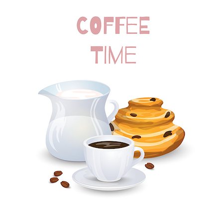 simsearch:400-06462101,k - Coffee drink, milk jug and bun on a white background Stock Photo - Budget Royalty-Free & Subscription, Code: 400-08980326