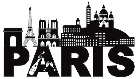 eiffel tower pictures clip art - Paris France City Skyline Outline Silhouette with Champagne Bottle Glass Black Isolated on White Background Panorama Illustration Stock Photo - Budget Royalty-Free & Subscription, Code: 400-08980335