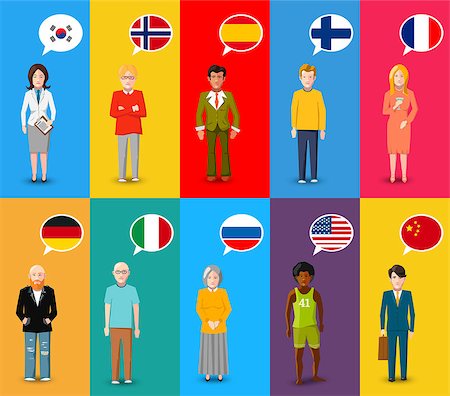 simsearch:400-04314336,k - A lot of colourful characters with speech bubbles with different countries flags in flat design style Photographie de stock - Aubaine LD & Abonnement, Code: 400-08980409