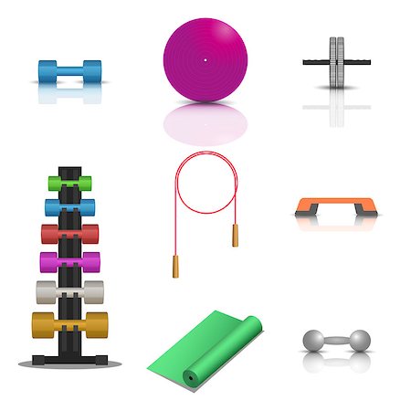 simsearch:400-07627460,k - Sports icons with mirror reflection isolated on white background. Design elements of equipment for the gym and fitness, vector illustration. Photographie de stock - Aubaine LD & Abonnement, Code: 400-08980698