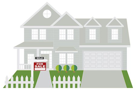 Two level house with two car garage with sold for sale sign on front lawn color outline illustration Stock Photo - Budget Royalty-Free & Subscription, Code: 400-08980780