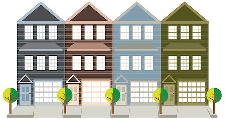 Row of three level townhouse with tandem car parking garage on tree lined street color outline illustration Stock Photo - Budget Royalty-Free & Subscription, Code: 400-08980790