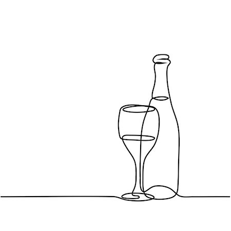 Continuous line drawing. Wine bottle and glass contour. Black outline vector. Photographie de stock - Aubaine LD & Abonnement, Code: 400-08980805