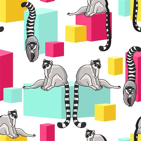 simsearch:400-09224994,k - Vector seamless pattern with cute cartoon ring-tailed lemurs and pink yellow blue cubes on white background. Madagascar cats. Foto de stock - Super Valor sin royalties y Suscripción, Código: 400-08980936