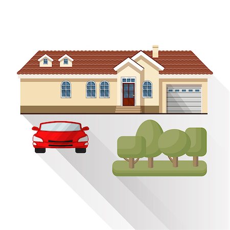 Vector illustration of living house, car and trees isolated on white background. Flat style. Stock Photo - Budget Royalty-Free & Subscription, Code: 400-08980939