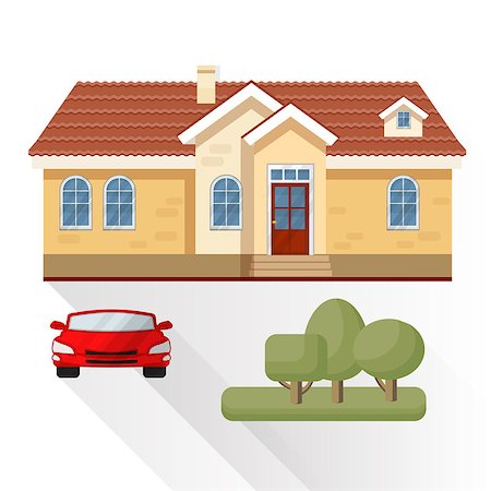 Vector illustration of living house, car and trees isolated on white background. Flat style. Stock Photo - Budget Royalty-Free & Subscription, Code: 400-08980941