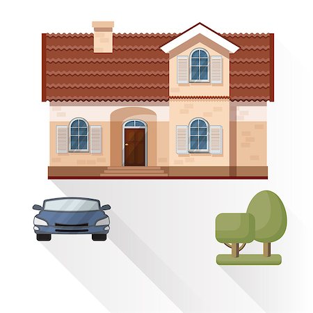 Vector illustration of living house, car and trees isolated on white background. Flat style. Stock Photo - Budget Royalty-Free & Subscription, Code: 400-08980942