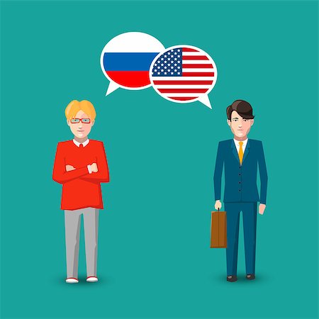 Two people with white speech bubbles with Russia and USA flags. Language study conceptual illustration Stockbilder - Microstock & Abonnement, Bildnummer: 400-08981135