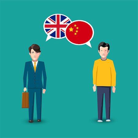 Two people with white speech bubbles with Great britain and China flags. Language study conceptual illustration Stockbilder - Microstock & Abonnement, Bildnummer: 400-08981132