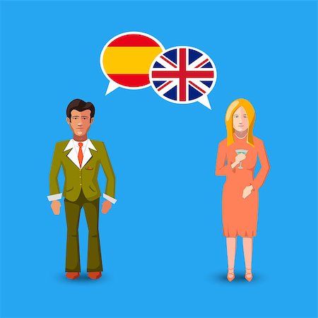 Two people with white speech bubbles with Great britain and Spain flags. Language study conceptual illustration Stockbilder - Microstock & Abonnement, Bildnummer: 400-08981133