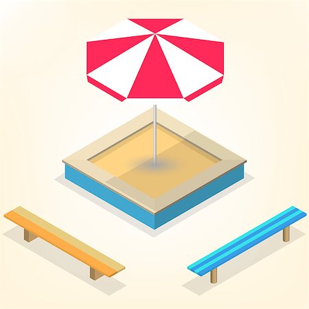 sandbox - Sandbox with a set of wooden benches and sun protective umbrella isolated on white background. Elements of the design of playgrounds and parks. Flat 3d isometric style, vector illustration. Stock Photo - Budget Royalty-Free & Subscription, Code: 400-08981341