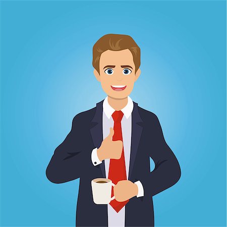 Businessman gives the thumbs up, drinking coffee, break time. Office worker standing and smiling. Stock Photo - Budget Royalty-Free & Subscription, Code: 400-08981408