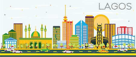 simsearch:400-08752323,k - Lagos Skyline with Color Buildings and Blue Sky. Vector Illustration. Business Travel and Tourism Concept with Modern Buildings. Image for Presentation Banner Placard and Web Site. Stock Photo - Budget Royalty-Free & Subscription, Code: 400-08981434