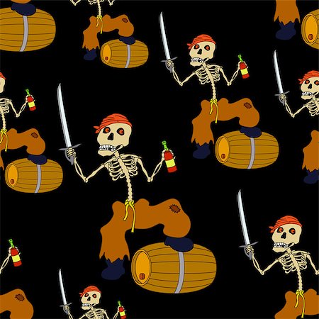 simsearch:400-05358582,k - Seamless Wallpaper, Cartoon Evil Zombie Pirate Jolly Roger Skeleton with a Sword, Bottle of Wine and Barrel on Black Tile Background. Vector Stock Photo - Budget Royalty-Free & Subscription, Code: 400-08981726