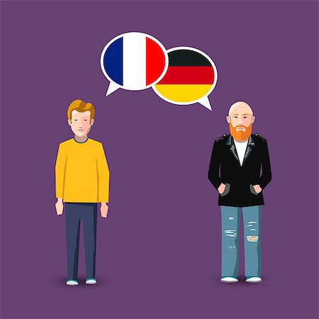 Two people with white speech bubbles with France and Germany flags. Language study conceptual illustration Foto de stock - Super Valor sin royalties y Suscripción, Código: 400-08981837