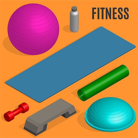 simsearch:400-09120941,k - Set of sports equipment items. Elements design for gym and fitness room. Flat 3D isometric style, vector illustration. Stock Photo - Budget Royalty-Free & Subscription, Code: 400-08981957