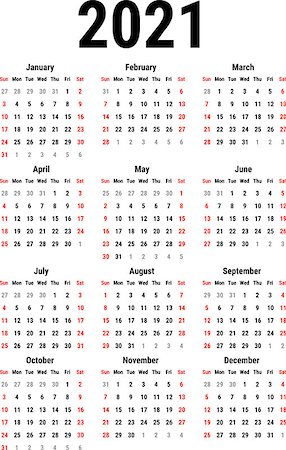 simsearch:614-01869618,k - Calendar for 2021 Year on White Background. Week Starts Sunday. Simple Vector Template. Stationery Design Template Photographie de stock - Aubaine LD & Abonnement, Code: 400-08982062